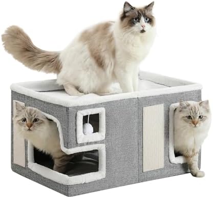 Large Cat Houses for Indoor Cats, Extra Wide Cat Cave Bed with Scratch Pad and Fluffy Ball, Foldable Cat Hideaway Condo for Large Cats, Modern Kitten Bed,23x16x13 inches (Grey, X-Large) by Unknown