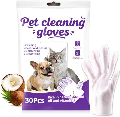 Pet Glove Wipes for Dogs & Cats, 30Pcs Deodorizing Cleaning Gloves with Coconut Oil, Vet Recommended Hypoallergenic Bathless Grooming Wipes for Paws, Body & Ears, No-Rinse by Unknown