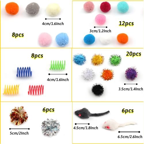QUOZUO 60 Packs Cat Toys Balls Set Spiral Springs Assorted, Kitten Sparkle Ball, Mouse Toys, Cat Crinkle Balls Springs, Soft Pom Pom Balls - Image 3