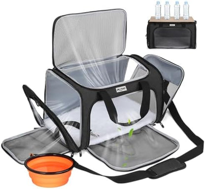 Pet Carrier for Cats & Small Dogs, Travel Carrier with Anti-Collapse Support, Chew Resistant Buckles, Luggage Sleeve, Multi-Pocket Storage, Reversible Mat & Bowl (Black, Medium (17.5"x11"x11.5")) by Unknown