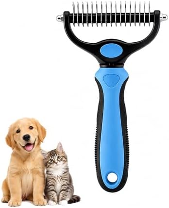 2-in-1 Double-Sided Pet Grooming Comb for Dogs & Cats - Deshedding Brush & Rounded-Tooth Dematting Tool | Painlessly Removes Knots, Tangles, Loose Undercoat & Fur in Thick/Long Coats (Blue-Large) by Unknown