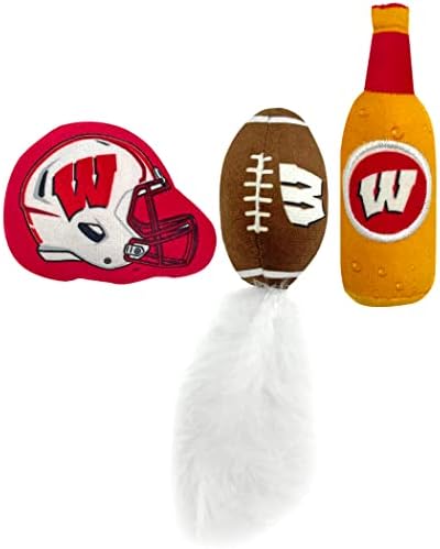 BEST PLUSH CAT TOY - NCAA WISCONSIN BADGERS Complete Set of 3 piece Cat Toys filled with Fresh Catnip. Includes: 1 Helmet Cat Toy, 1 Football Cat Toy with Feathers & 1 Beer Bottle. Beautiful Team LOGO - Image 5