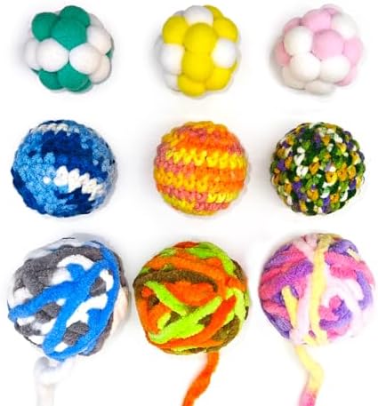 Cat Toy Yarn Ball with Bell Inside, 9Pcs Colorful Interactive Kitten Toys for Indoor Cats Play and Kitten Training, Includes 1.77" 1.57" 1.18" Balls by Furettico