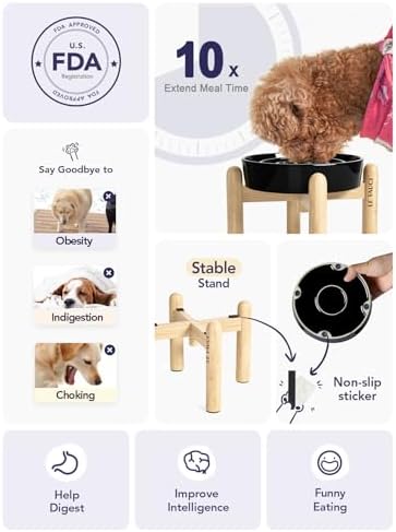 LE TAUCI Ceramic Slow Feeder Dog Bowls Elevated, 0.6 Cups Raised Dog Bowl with Wooden Stand for Small Breed, Pet Dishes to Slow Down Eating, Skull Black - Image 3