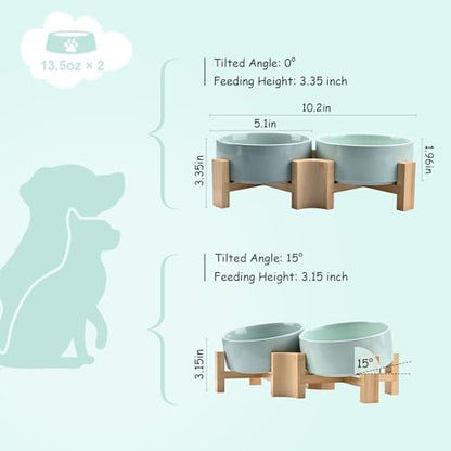 SPUNKYJUNKY 15° Slanted Ceramic Dog and Cat Bowl with Wooden Stand, Tilted Bulldog Food and Water Bowl No Slip Non-Spill for Cats Medium Dogs Big Face Pets 13.5 OZ (1.7 Cups, Morandi Green × 2) - Image 4