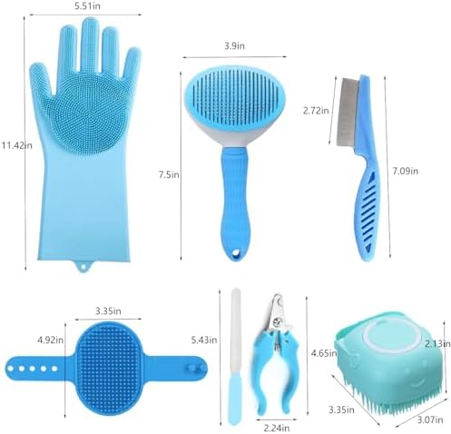 8PCS Dog Bath Supplies Set，Dog Washing Gloves，Shampoo Brush, Bath Supplies Set，Shedding Slicker Brush，Complete Pet Grooming Kit for Dog&Cat and Small Animal Grooming(8PCS-Bath-Blue) - Image 2