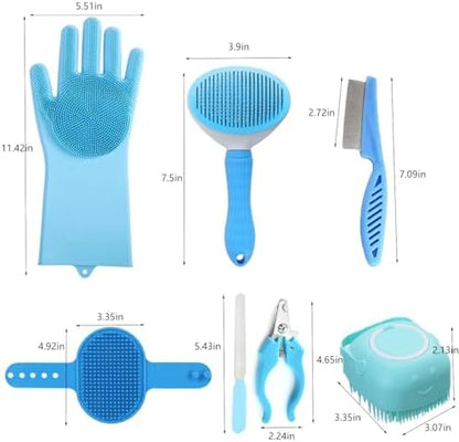 8PCS Dog Bath Supplies Set，Dog Washing Gloves，Shampoo Brush, Bath Supplies Set，Shedding Slicker Brush，Complete Pet Grooming Kit for Dog&Cat and Small Animal Grooming(8PCS-Bath-Blue) - Image 2