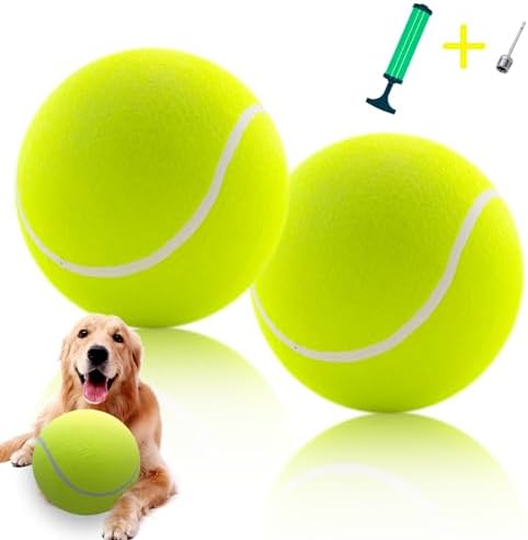 Banfeng Giant 9.5" Dog Tennis Ball, 2 Pack Oversize Interactive Puzzle Toy with 1*Ball Pump + 1*Needle for Small, Medium, Large Dogs (2 Pack Yellow with Pump) by Banfeng