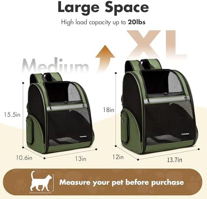 Pet Backpack Carrier, Large Cat Carrier Backpack Up to 20 Lbs with Breathable Mesh, for Medium Large Cats or Small Dogs, Travel Hiking Camping Backpack (DarkGreen-XL) - Image 2