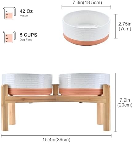SPUNKYJUNKY Elevated Dog Bowls Ceramic, 7.3'' Dogs Food Water Bowls Raised with Non-Slip Bamboo Stand for Medium to Large Sized Breed Microwave Dishwasher Safe - 42 OZ,Pattern White - Image 2