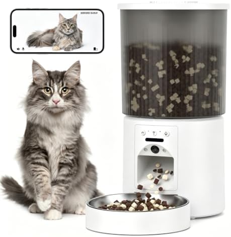 Automatic Cat Feeder, 4.5L Easy Install Pet Food Dispenser, 1080P HD Camera, 5GWIFI with Night Vision, Motion Alarm, Stainless Steel (White) by Unknown