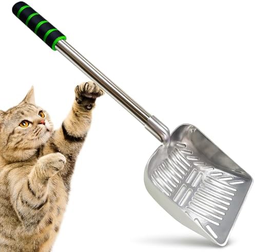 SunGrow Cat Litter Scoop, Stainless Steel Long Handle Chicken Coop Poop Scooper, Comfortable 9” Handle, 5” Wide Mouth, Narrow Slits and High Sides Metal Sifter, for Litter Boxes or Gardening by SunGrow