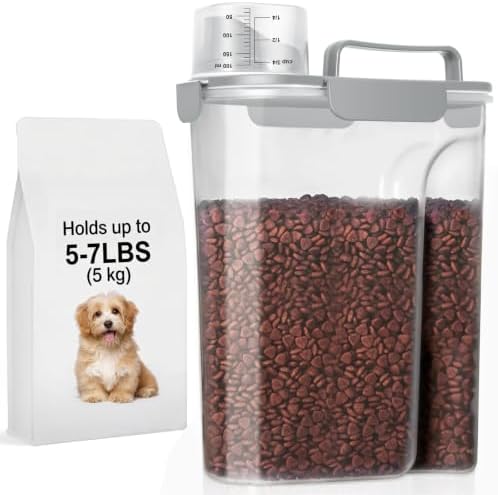 5-7LBS Airtight Dog Cat Food Storage Container with Upgraded Large Nozzle BPA-free, 4 Snap Seals Plastic Pet Food Storage Container with Handles are Easy to Clean and Carry- Light Gray by LEAWALK
