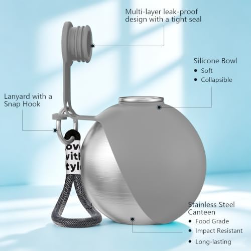 2 in 1 Dog Water Bottle with Bowl, 10oz Stainless Steel - Grey - Image 5