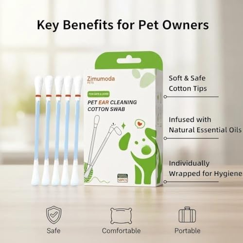 50 Pcs 2-in-1 Pet Ear Cleaning Cotton Swabs for Dogs & Cats - Essential Oil Infused Cat Ear Cleaner - Gentle Ear Wax Removal - Soothing Itch & Freshness - Individually Wrapped for Easy Use - Image 3