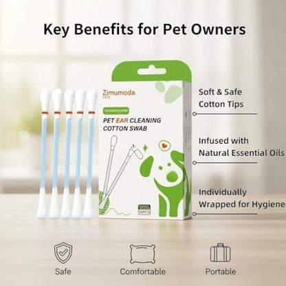 50 Pcs 2-in-1 Pet Ear Cleaning Cotton Swabs for Dogs & Cats - Essential Oil Infused Cat Ear Cleaner - Gentle Ear Wax Removal - Soothing Itch & Freshness - Individually Wrapped for Easy Use - Image 3
