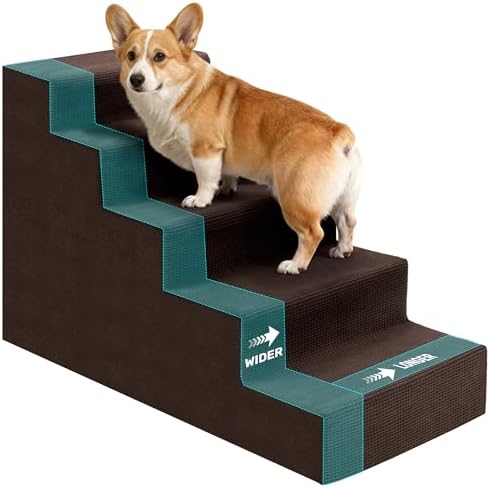Dog Stairs for Bed, Extra Wide 5-Step Dog Steps for High Bed, High-Density Foam Pet Stairs with Non-Slip Removable Washable Cover for Small Pets, 23" H, Brown by Heeyoo