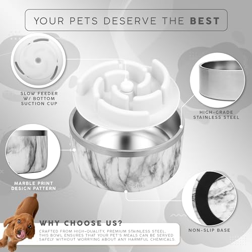 FAHRMOSIS 64 OZ Dog Bowl with Slow Feeder Insert Stainless Steel Pet Water Bowl for Medium & Large Breed Non Slip Rubber Base & Plastic Puzzle Feeder - White Marble - Image 2