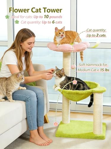 MUTTROS Flower Cat Tree, 28" Cat Tower with Cozy Flower Perch, Large Hammock for Indoor Small Cats, Cute Cat Tree with Sisal Scratching Post and Fur Toy Ball for Kittens, Pink - Image 3
