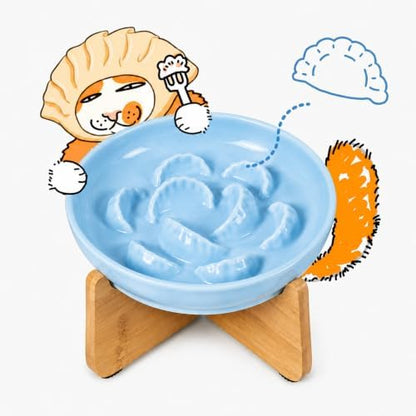 Elevated Slow Feeder Cat Bowl with Bamboo Stand, 6.3'' Ceramic Cat Food Bowl, Raised Whisker Friendly Cat Dish for Wet & Dry Food, Dishwasher Safe Anti-Slip Feeder for Cats & Small Dogs (Blue) by Tafelf