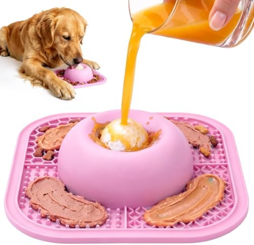 Slow Feeder Dog Bowls & Lick Mat for Liquid and Thick Treat, Anti-Slip Dog Lick Bowl with Interactive Rolling Ball, 5/6 Cup Pup Licking Toy for Large Medium Small Dogs and Cats Pink by PetsHome