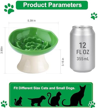 Ceramic Slow Feeder Bowl for Cats and Small Dogs, Elevated Tilted Pet Food Dish, Whisker Friendly Anti-Vomit Design, Heavy Stable Base, Dishwasher Safe， 5 Colors Options (Leaf Green) - Image 2