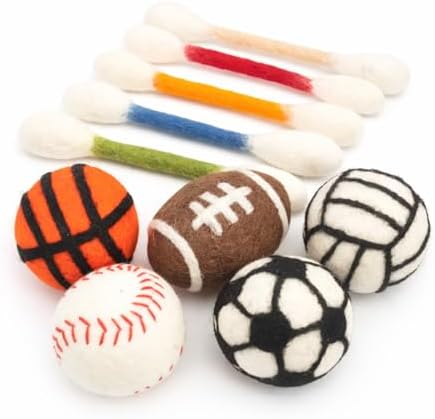 Glaciart One Cat Qtip Toy Set, 5 Pcs Wool Felt Cat Sport Balls (1.5 Inch) & 6 Pcs Cotton Swab Cat Toys, Natural Wool Cat Toys for Indoor Cats by GlaciartOne