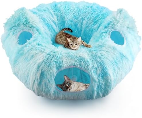 Cat Tunnel Bed, 3-in-1 Collapsible Cat Tube with Removable Washable Cushion, Multi-Shape (U/S/Half-Round) Playhouse with Peekaboo Holes, Hanging Balls & Cat Ears for Cats, Small Dogs, Rabbits by ProductOverview