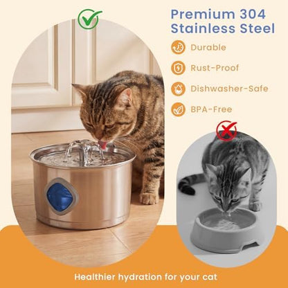 Stainless Steel Cat Water Fountain, 95oz/2.8L Automatic Cat Water Dispenser with 3 Replacement Filters, Pet Fountain for Cats Dogs Indoor, Water Level Window, Quiet Water Pump - Image 4