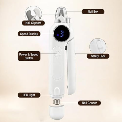 2-in-1 Dog Nail Clippers and Grinder, Electric Nail Trimmer for Small Medium Large Dogs and Cats with 3 Speeds, Rechargeable, Splash Guard & Safety Lock, Painless Grooming Tool (White) - Image 7