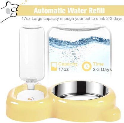 Dog Bowls, Cat Food and Water Bowl Set with Water Dispenser and Stainless Steel Bowl for Cats and Small Dogs - Yellow - Image 2