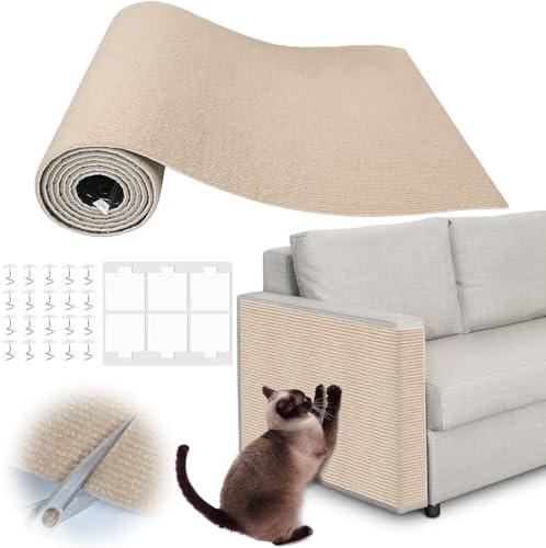 Cat Scratch Furniture Protector - 138" x 15.8" Trimmable Self-Adhesive Cats Claws Scratch Pads, DIY Cat Climbing Couch Protector for Scratch Post Cat Tree Replacement Indoor (Khaki) by Inchoco