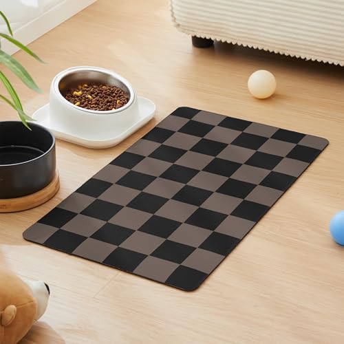 Checkered Dog Feeding Mat, Absorbent Mats for Dog Food and Water Bowl, Dispenser, Aesthetic Checkerboard Pet Placemat for Dogs, Cats, Puppy Accessories Brown Khaki Black by Ralxion