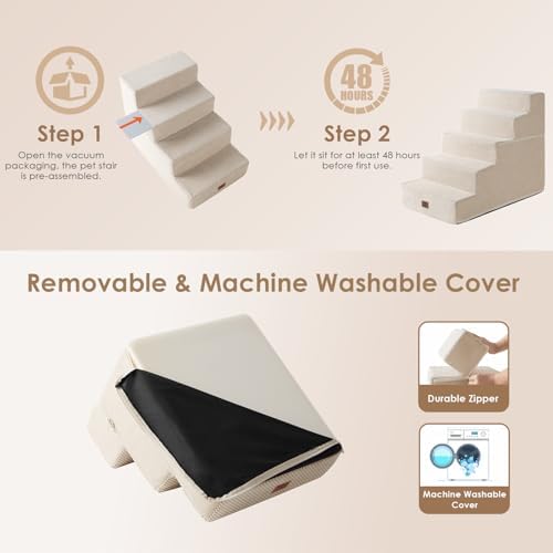 EHEYCIGA Dog Stairs for High Bed 22.5" H, 5-Step Dog Steps, Beige - Image 6