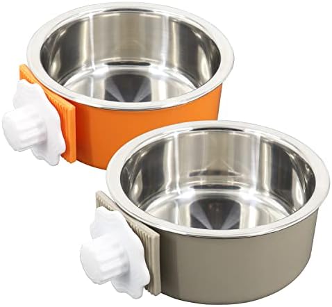 Dog Crate Bowl, Hanging Stainless Steel Removable Pet Crate Water & Food Bowls, Pet Cage Feeder Container Coop Cup for Cat Puppy Birds Rats Guinea Pigs Rabbit Hamster (2PCS) by QIYADIN