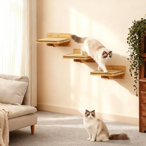 3Pcs 8"×7" Cat Wall Steps - Cat Stairs for Wall, Ladder Natural Wood with Fixtures,Turn Around or Climbing or Playing for Kittens and Adult Cats - Image 2