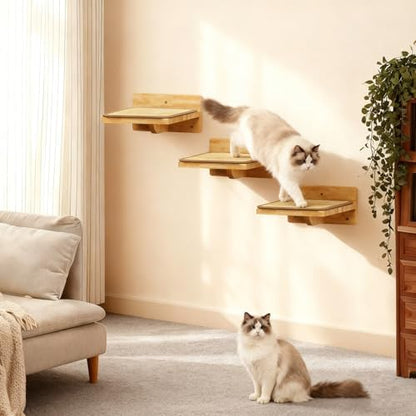 3Pcs 8"×7" Cat Wall Steps - Cat Stairs for Wall, Ladder Natural Wood with Fixtures,Turn Around or Climbing or Playing for Kittens and Adult Cats - Image 2