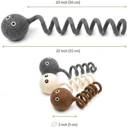 Glaciart One Felt Spring Cat Toy – 3 Pcs Soft Fuzzy Enrichment 100% Natural Wool - Interactive Stretchable Play Set - Safe for Pets, Non-AZO Colored Dyes - 4” Long - Image 2