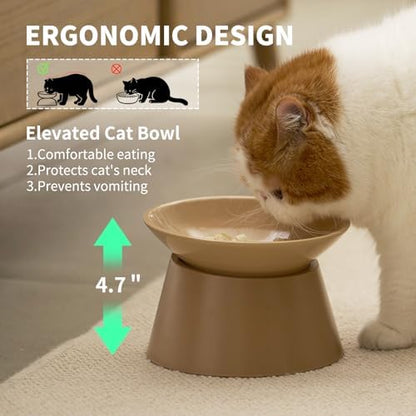 MS!MAKE SURE Cat Food Bowls Elevated - Ceramic Cat Water Bowls Whisker Friendly with Stand Tilted Non Slip Flat Detachable Anti Vomiting for Indoor Cats Milk Tea - Image 4
