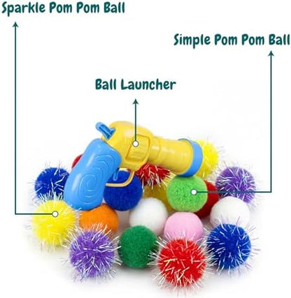 50 Count 1.2 Inches Pom Pom Balls with Cat Ball Launcher, Interactive Cat Toy for Indoor Kittens, 25 Pcs Sparkle and 25 Pcs Simple Pompoms are Included for Exercise, Training & Boredom Relief - Image 4