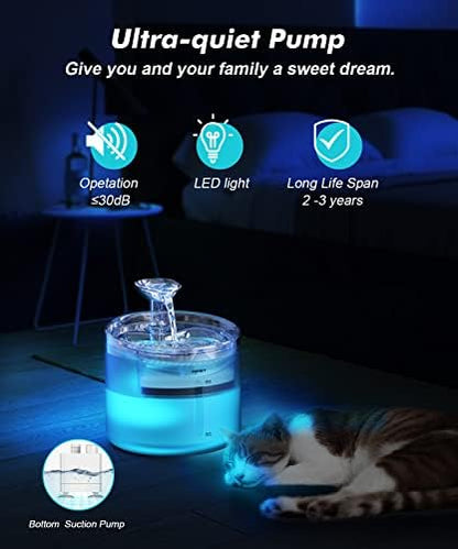 NPET WF100 Cat Foutain, 54oz/1.6L Automatic Pet Water Fountain Dog Water Dispenser with 2 Flow Modes, Bottom Suction LED Light Quiet Pump for for Cats & Small Dogs - Image 5