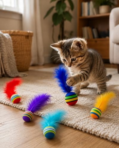 PET SHOW 20 Pack Cat Toy Balls for Indoor Cats 1.4inch with Feathers - Image 5