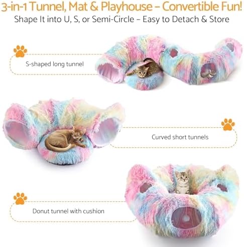 Cat Tunnel Bed, Collapsible Cat Tunnel with Washable Cushion,3-in-1 Multi-Functional Play Tunnel with Peek Holes & Ears, Indoor Playhouse for Cats Kittens Rabbits Small Dogs,Gift for Pet - Image 4