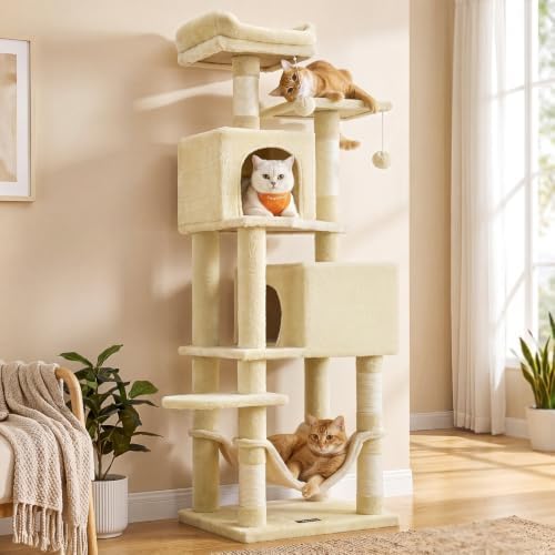 Feandrea Cat Tree, 59.5-Inch Tall Cat Tower, Multi-Level Condo, Beige by FeandreabySONGMICSHOME