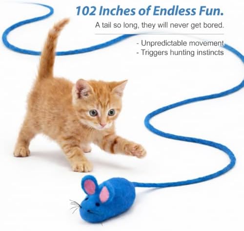 Glaciart One Felt Mouse Cat Toy – Soft Fuzzy Enrichment 100% Natural Wool - Interactive Catnip Play Cat Toy Set - Safe for Pets, Non-AZO Colored Dyes - 100” Long - Image 2