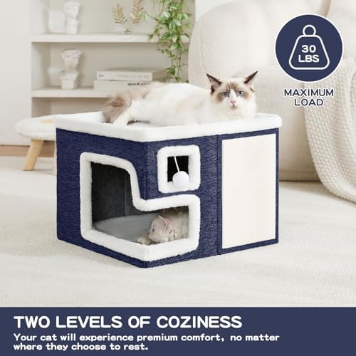 Cat Houses for Indoor Cats, Covered Cat Cave Bed with Scratch Pad and Fluffy Ball, Foldable Cat Hideaway Condo for Large Cats, Modern Kitten Bed,16.5x16.5x13 inches (Blue, Large) - Image 5
