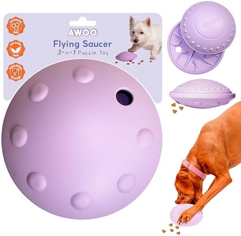 Awoo Flying Saucer Toy - 3-in-1 Silicone Dog Treat Puzzle, Lick Mat and Slow Feeder - for Wet and Dry Food - Dishwasher Safe Pet Toy - Enrichment Game for Dogs up to 30 lbs - Small (Lavender) by AwooPetEssentials