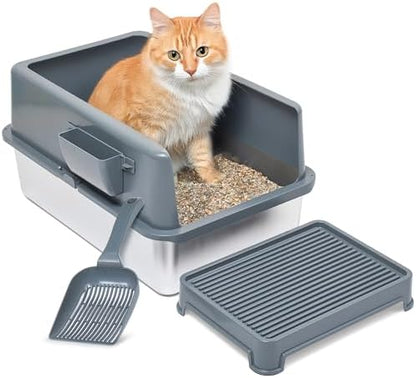 iPrimio Stainless Steel Cat Litter Box, XL Set with Scooper and Litter Mat by iPrimio