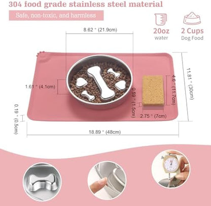 Stainless Steel Slow Feeder Dog Bowls – Non-Slip Metal Dog Bowl for Large & Medium Breeds, Puppy Puzzle Feeder – 2 Cup Capacity for Small to Big Pets – Durable Slow Feed Dog & Cat Food Dish with Mat - Image 2
