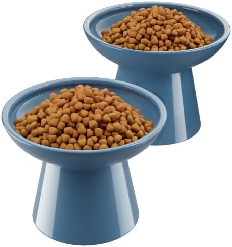 LoeJan Ceramic Cat Bowls, Elevated Cat Food and Water Bowls Set, Extra Wide and Raised Ceramic Bowls, Anti-Vomit Whisker-Free Pressure Cat Feeder for Kittens to Adult Cats by LoeJan